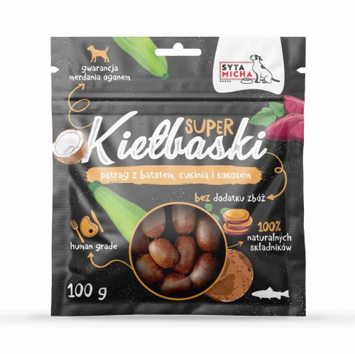 Syta Micha Super kiełbaski dla psa z pstrągiem, batatem cukinią i kokosem 100g - przysmak dla psa