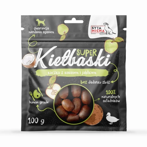 Syta Micha Super kiełbaski dla psa z kaczką, kokosem i jabłkiem 100g  - przysmak dla psa