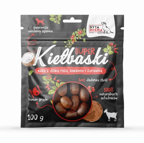 Syta Micha Super kiełbaski dla psa z kozą dziką różą i kokosem 100g - przysmak dla psa
