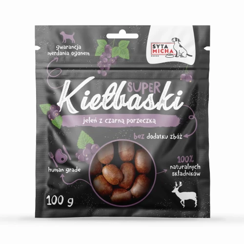 Syta Micha Super kiełbaski dla psa z jeleniem i czarną porzeczką 100g - przysmak dla psa