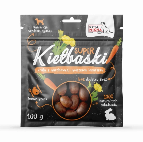 Syta Micha Super kiełbaski dla psa z królikiem, marchewką i mniszkiem 100g - przysmak dla psa
