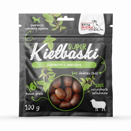 Syta Micha Super kiełbaski dla psa z jagnięciną i pokrzywą 100g - przysmak dla psa