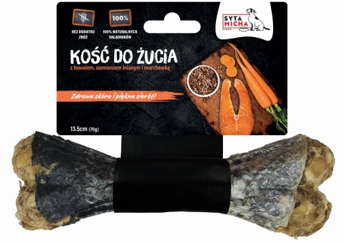 Syta Micha Kość do żucia dla psa na piękną sierść 13,5cm - przysmak dla psa z łososiem, siemieniem lnianym i marchewką