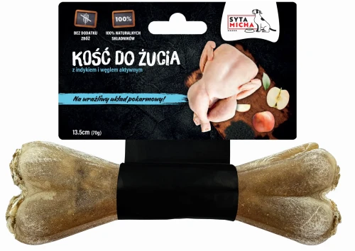 Syta Micha Kość do żucia dla psa na delikatny układ pokarmowy 13,5cm - przysmak dla psa z indykiem i węglem aktywnym