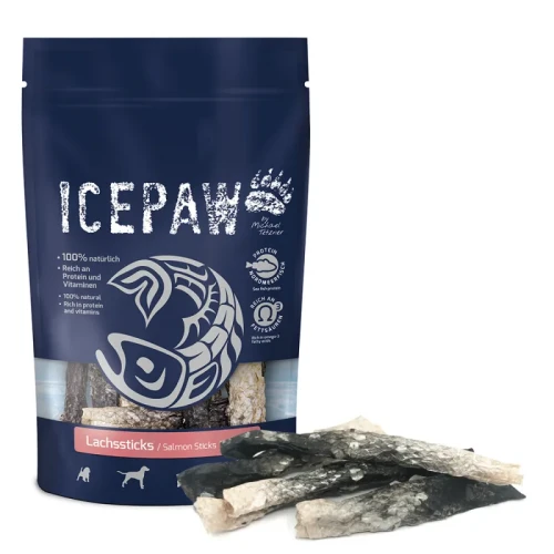 Icepaw Lachssticks- suszone i zwijane skóry łososia dla psów - przysmak dla psa