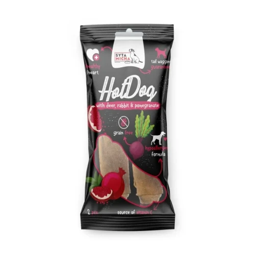 Syta Micha Hot Dog do żucia dla psa - królik z granatem w skórze jelenia 2 szt. - przysmak dla psa