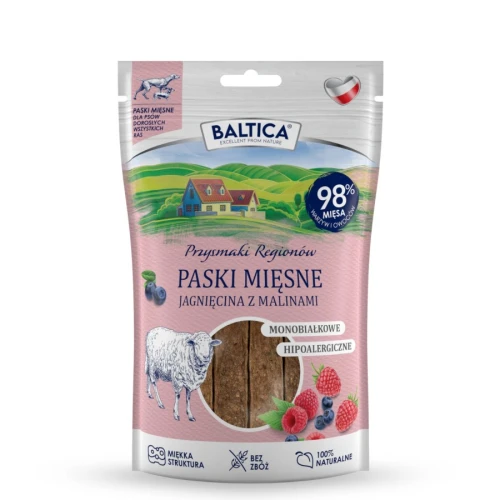 Baltica Jagnięcina z malinami paski mięsne 90g - przysmaki dla psów